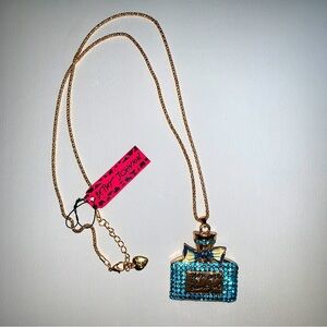 Betsey Johnson 🎀 Perfume Bottle Necklace Bow Blue Rhinestones You Are Beautiful